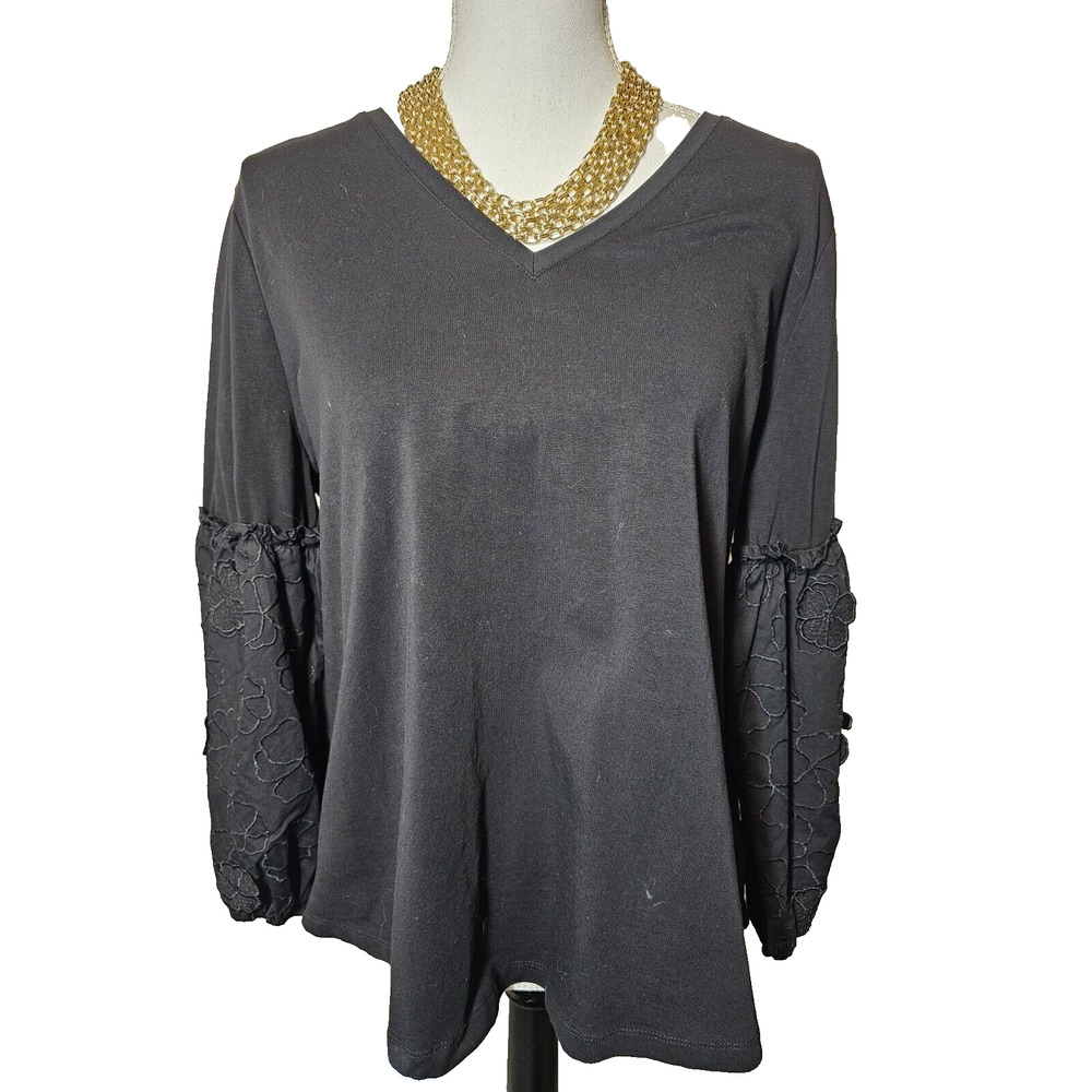 Chicos Womens Large 2 Black Lace Long Sleeve Casual Basic Stretchy Top